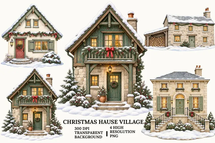 Christmas House Village PNG, Snowy Cottage Sublimation Art