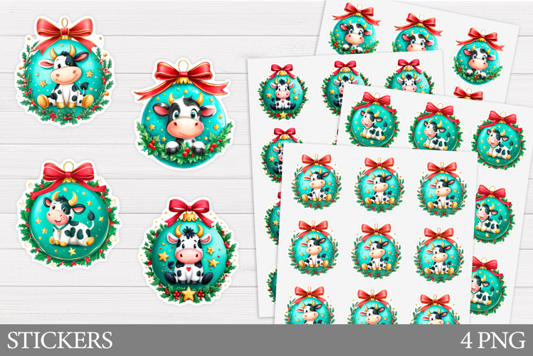 Christmas Cow Sticker Design. Christmas Sticker Printable