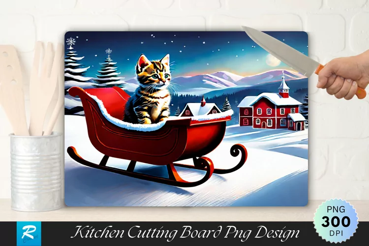 Tabby Kitten in a Sleigh Cutting Board Sublimation Design