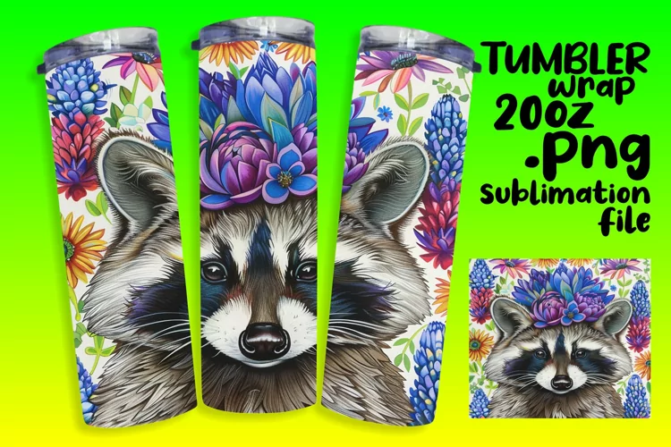 Flower-Embellished Raccoon Tumbler Wrap for 20oz Tumblers