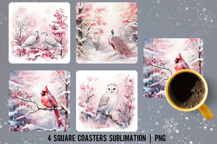 Birds Sqaure Coaster Design | Pink Winter Coaster example image 1