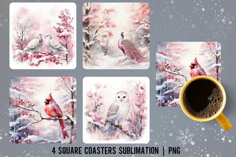 Birds Sqaure Coaster Design | Pink Winter Coaster