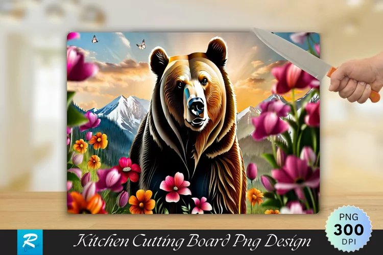 Bear With Flowers Cutting Board Sublimation Design