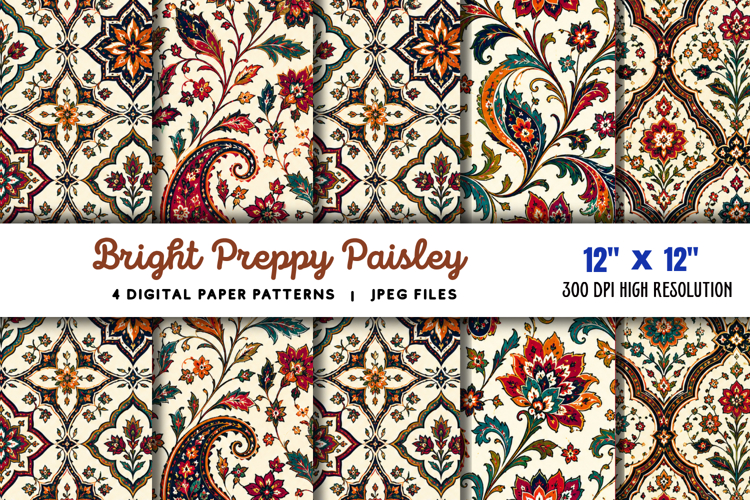 Bright Preppy Paisley Digital Paper JPG