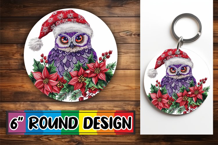 Holiday Owl Embroidered Round Design Keychain Sublimation