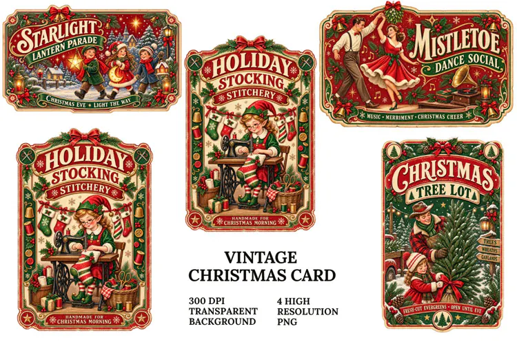 Vintage Christmas Card PNG Snowman Skating Sublimation Craft