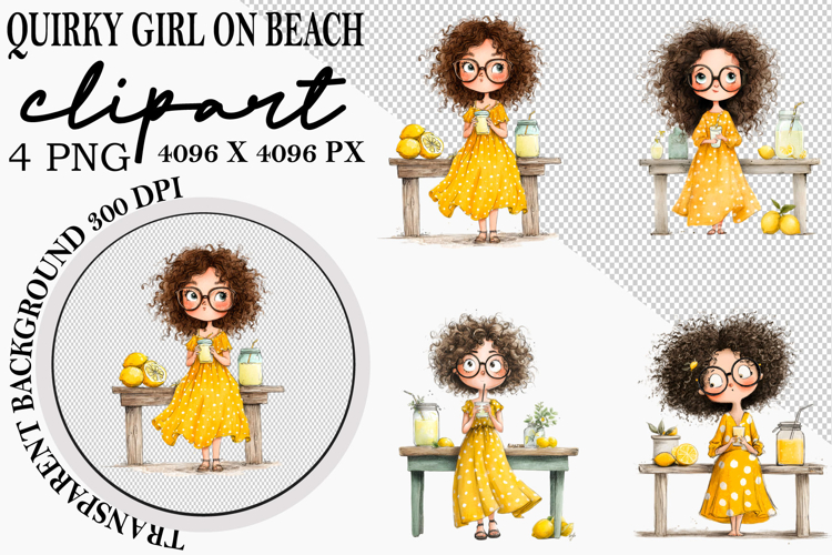 Whimsical Quirky Girl on Beach PNG Clipart Watercolor png