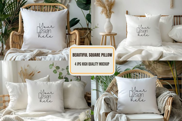 Pillow Mockup, White Square Pillow Mockup, Lay Flat Pillow example image 1