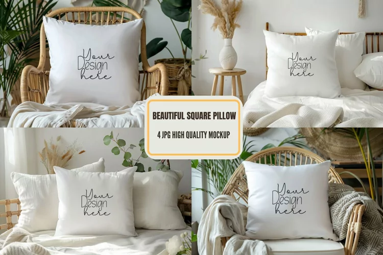 Pillow Mockup, White Square Pillow Mockup, Lay Flat Pillow