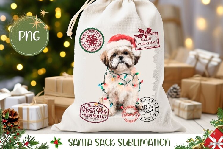 Winter Dog Santa Sack Template, Christmas Gift Bag example image 1