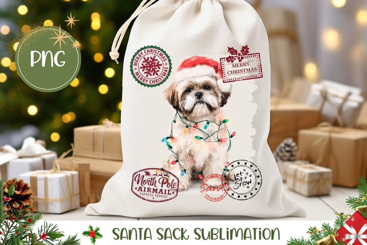 Winter Dog Santa Sack Template, Christmas Gift Bag