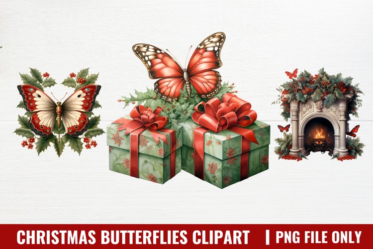Watercolor Christmas Butterflies Clipart