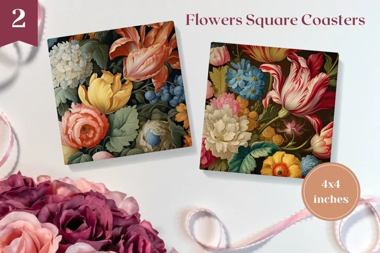Flowers Square Coasters Sublimation, Floral Sublimation PNG