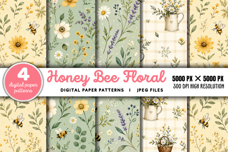 Honey Bee Floral Seamless Digital Paper JPG example image 1