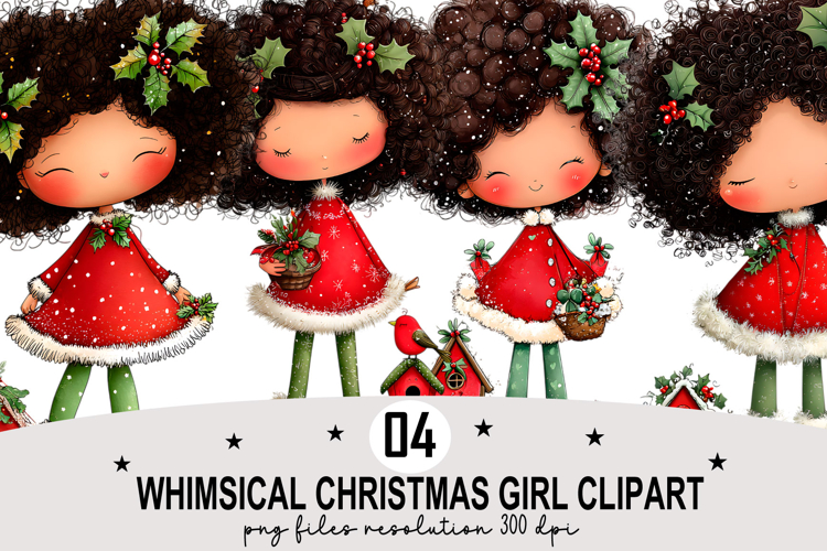 Whimsical Christmas Girl Clipart Watercolor PNG example image 1