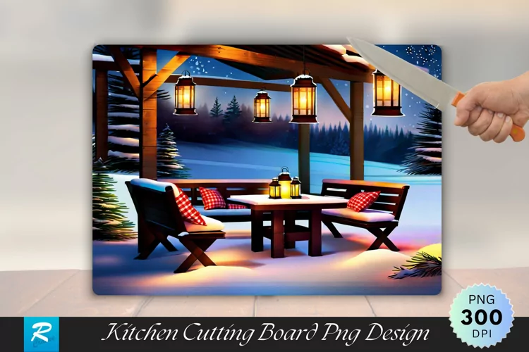 Rustic Outdoor Seating Lanterns and Snowy Cutting Board PNG