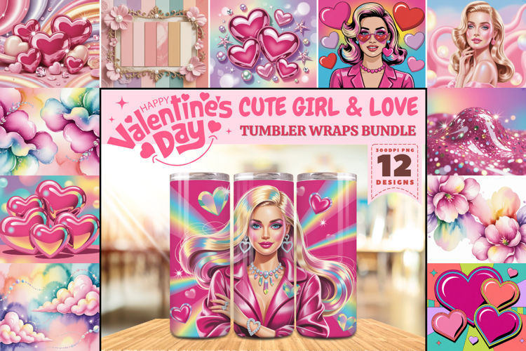 Valentine’s Day Cute Girl & Love Tumbler Wrap PNG Big Bundle