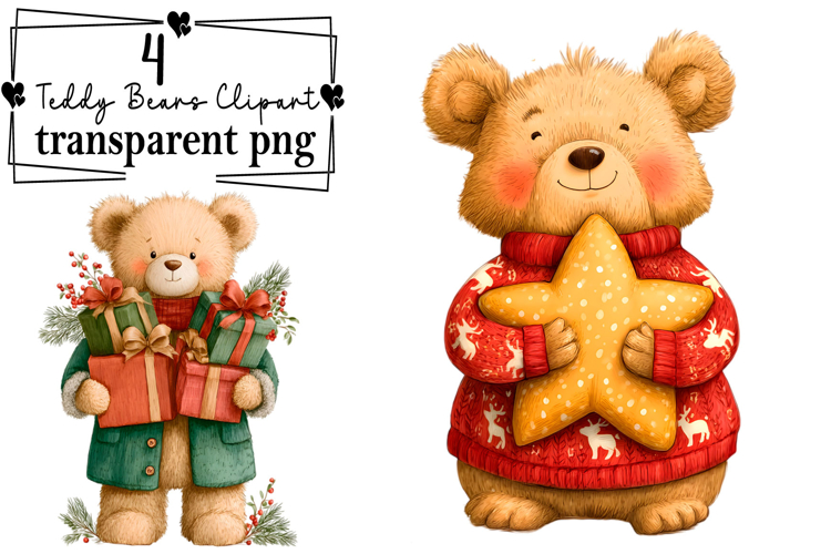 Whimsical Christmas Teddy Bears Clipart Watercolor PNG example image 1