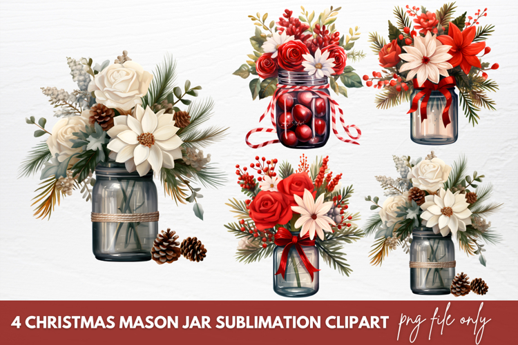 Christmas Mason Jar Sublimation Clipart example image 1
