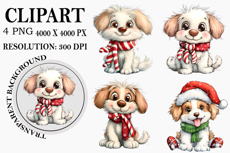 Whimsical Christmas Dog Clipart Watercolor PNG