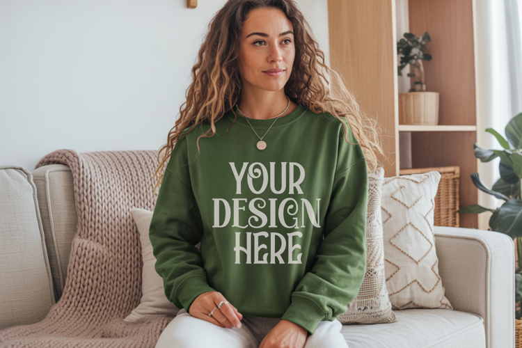 Gildan 18000 Military Green Crewneck Sweatshirt Mockups,G180