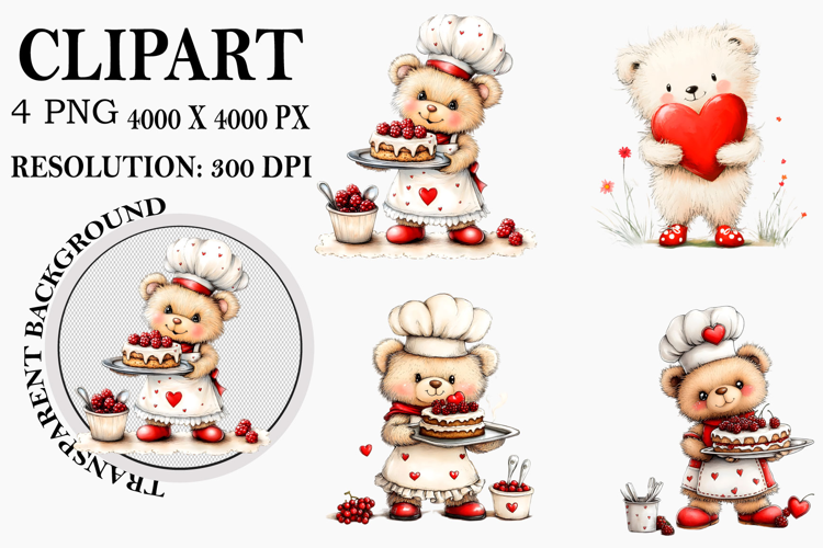 Whimsical Valentine Teddy Bear Clipart Watercolor PNG