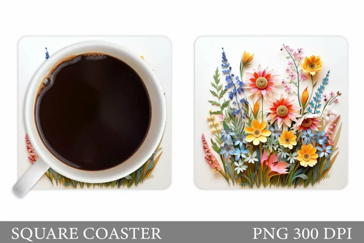 3D Wildflowers Coaster Design. Flowers Square Coaster