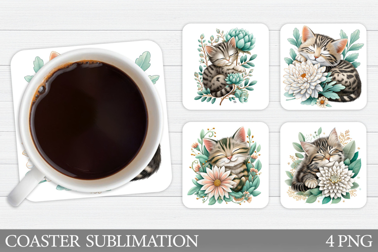 Cute Cat Coaster Design. Cat Flowers Coaster