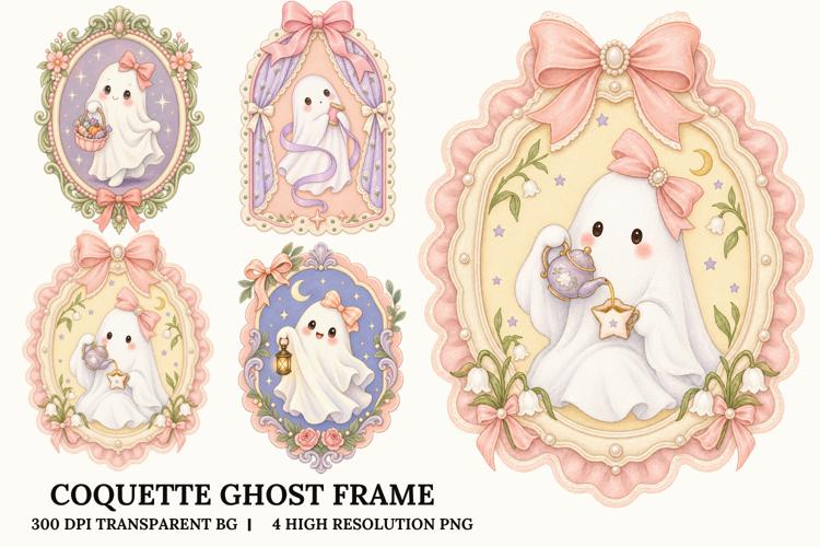 Coquette Ghost Halloween Watercolor Floral Frame Pastel PNG