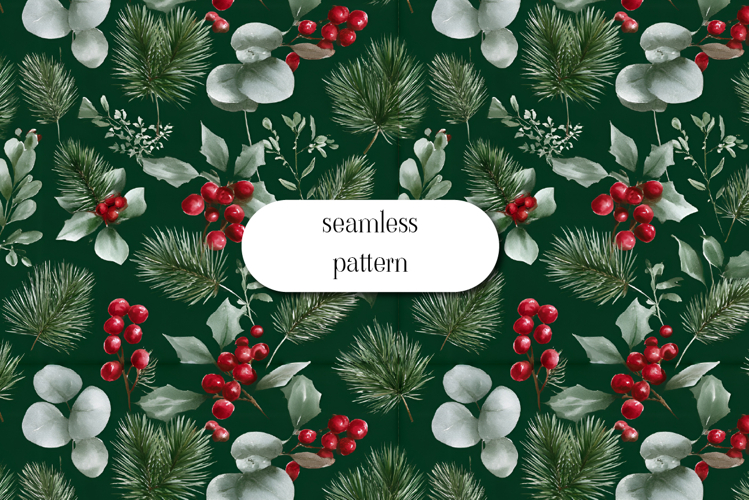 Christmas Holly & Pine Seamless Pattern