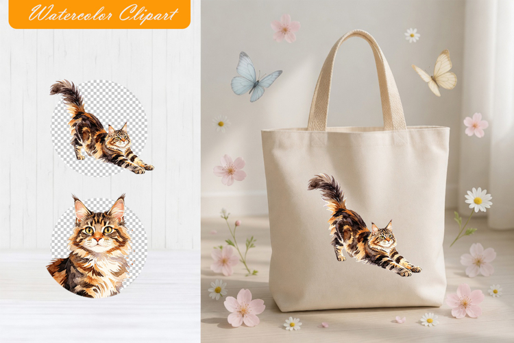 Watercolor Maine Coon Cat PNG - Fluffy Kitten Clipart