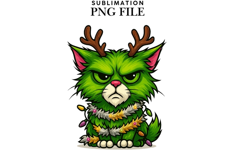 Funny Christmas green cat png design for T-shirts