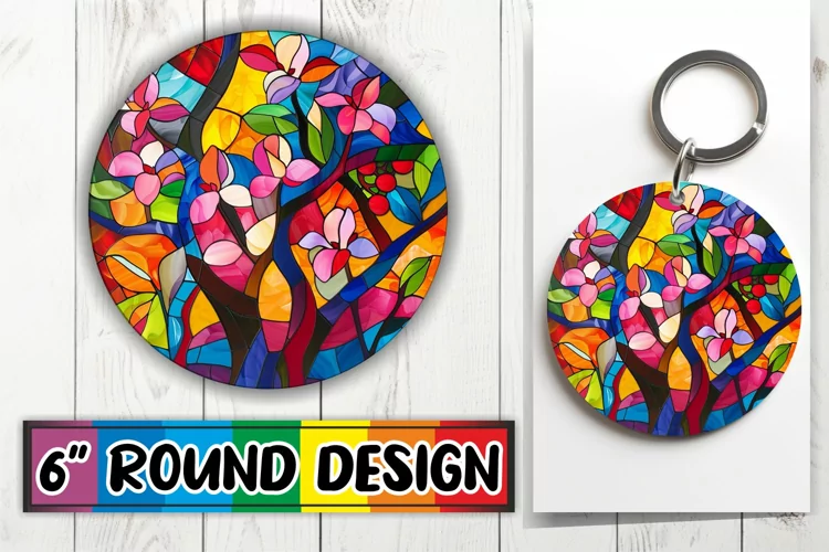Stained Glass Tree Round Design Vibrant Colors
