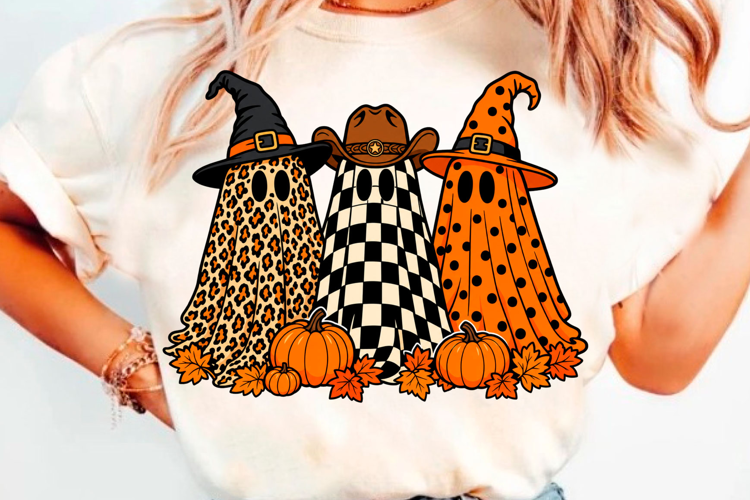 Cute Halloween Ghost Trio T-Shirt Design With Witch Hats, Pu