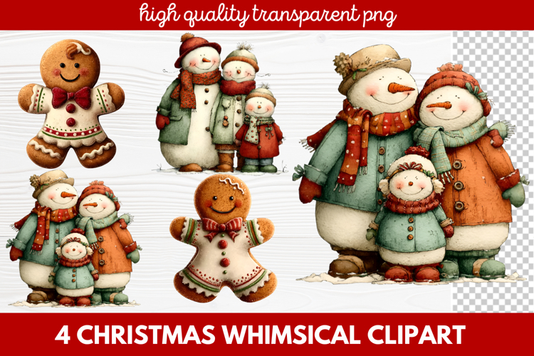 4 Whimsical Christmas Clipart featuring cute holiday charact