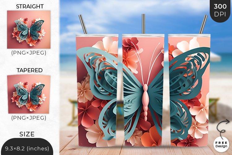 3D Butterfly Tumbler Wrap| 3D Sublimation Wrap Design example image 1