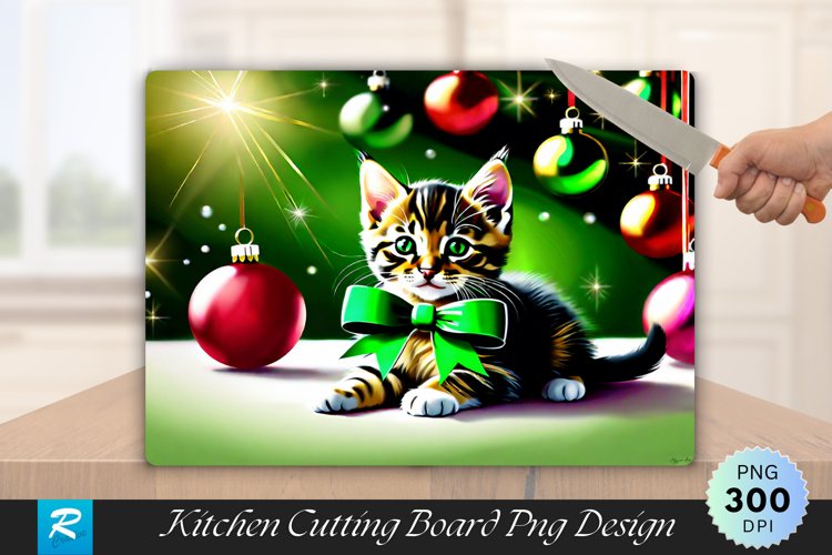 Tabby Kitten with Green Christmas Ornament Cutting Board PNG