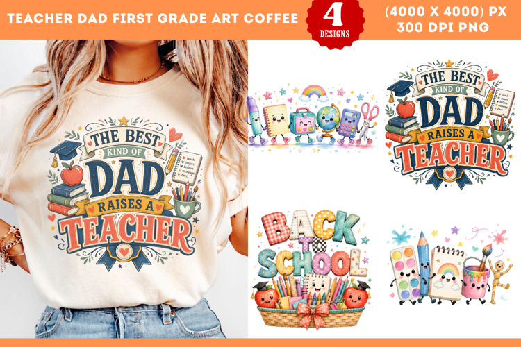 Teacher Dad First Grade Art Coffee Sublimation PNG