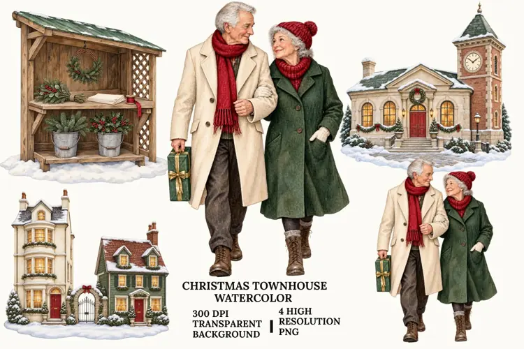 Christmas Girl PNG, Winter Townhouse Watercolor Sublimation
