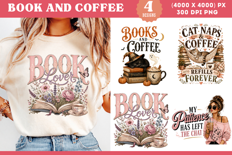 Book Lover Coffee Cat Sublimation PNG
