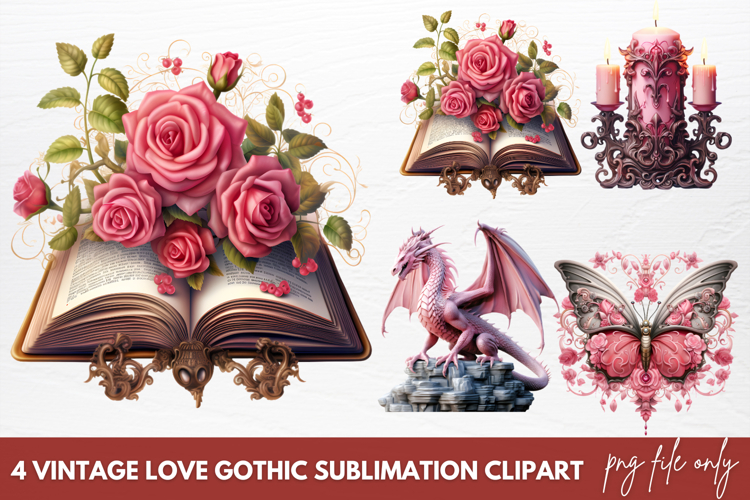 Vintage Love Gothic Sublimation Clipart, Pink Halloween