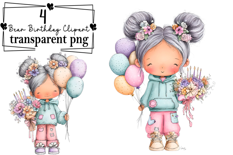 Whimsical Teddy Bear Birthday Clipart Watercolor PNG example image 1