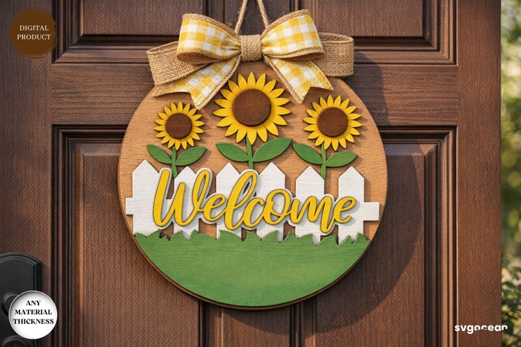 Sunflower Welcome Door Sign Laser Cut | Wooden Door Sign