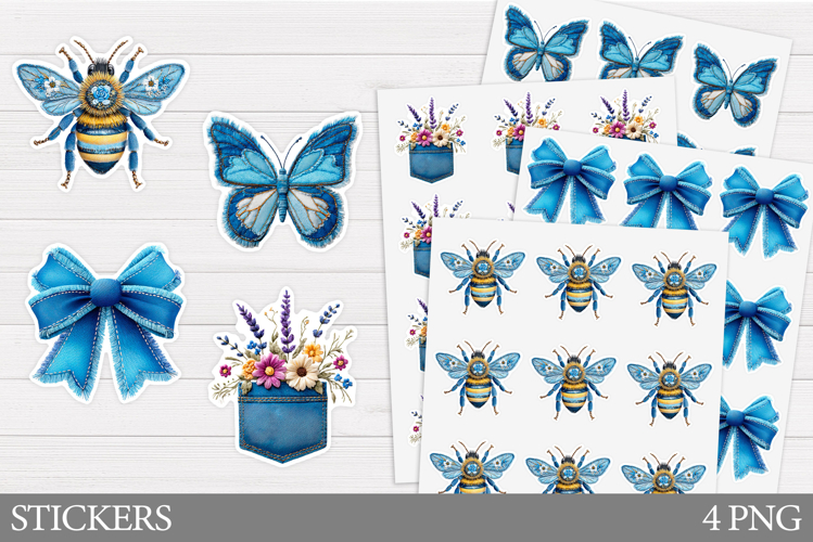 Denim Stickers Printable. Denim Insect Stickers Design