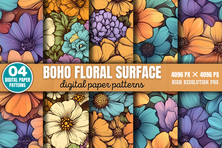 Boho Floral Surface Patterns Digital Paper Background PNG