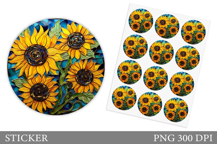 Flowers Sticker Design. Sunflowers Round Sticker Template