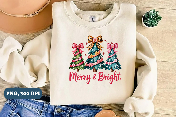 Merry and Bright Christmas Tree Coquette, PNG Sublimation