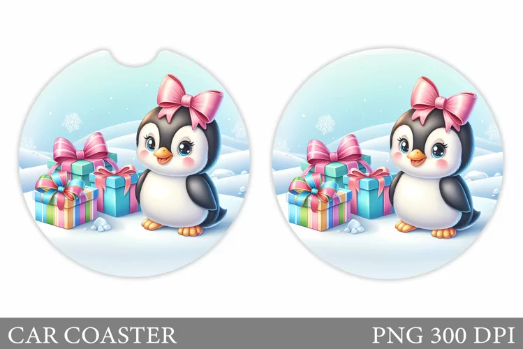 Cute Penguin Car Coaster. Christmas Car Coaster Design