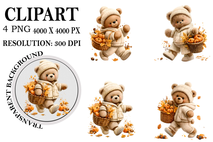 Whimsical Fall Teddy Bear Clipart Watercolor PNG example image 1