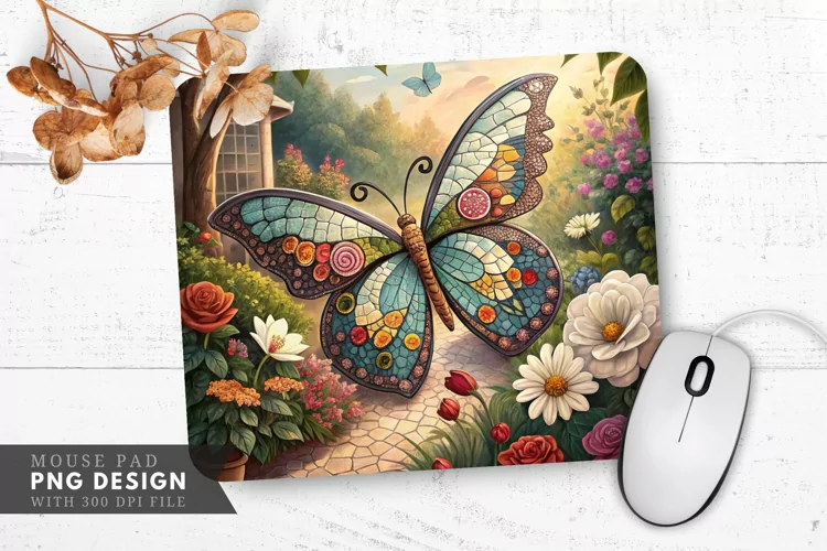 Butterfly Bloom Mosaic Art Mouse Pad PNG Design